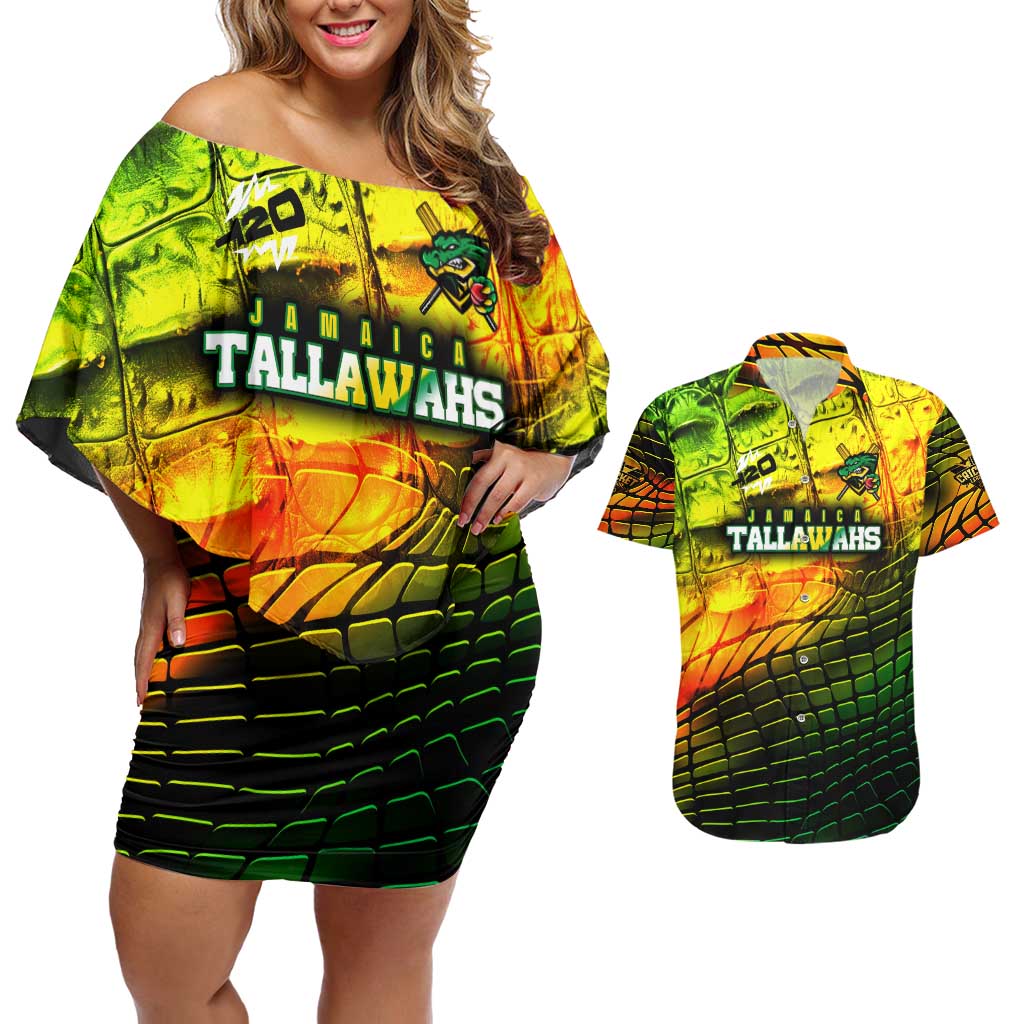 Personalised Jamaica Cricket Tallawahs Couples Matching Off Shoulder Short Dress and Hawaiian Shirt Striking with Reggae Firepower