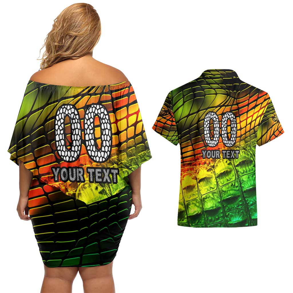 Personalised Jamaica Cricket Tallawahs Couples Matching Off Shoulder Short Dress and Hawaiian Shirt Striking with Reggae Firepower