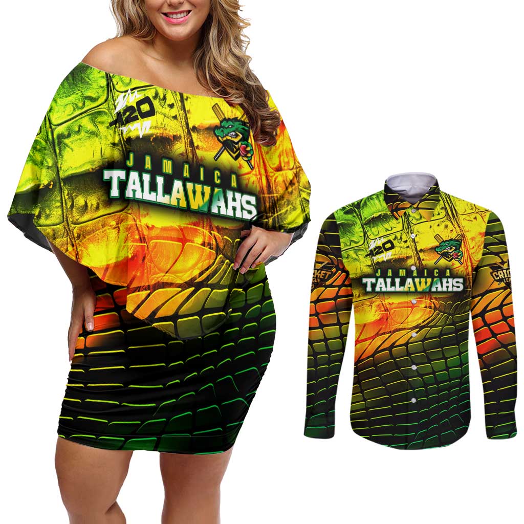 Personalised Jamaica Cricket Tallawahs Couples Matching Off Shoulder Short Dress and Long Sleeve Button Shirt Striking with Reggae Firepower