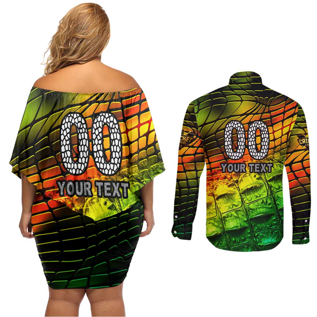 Personalised Jamaica Cricket Tallawahs Couples Matching Off Shoulder Short Dress and Long Sleeve Button Shirt Striking with Reggae Firepower
