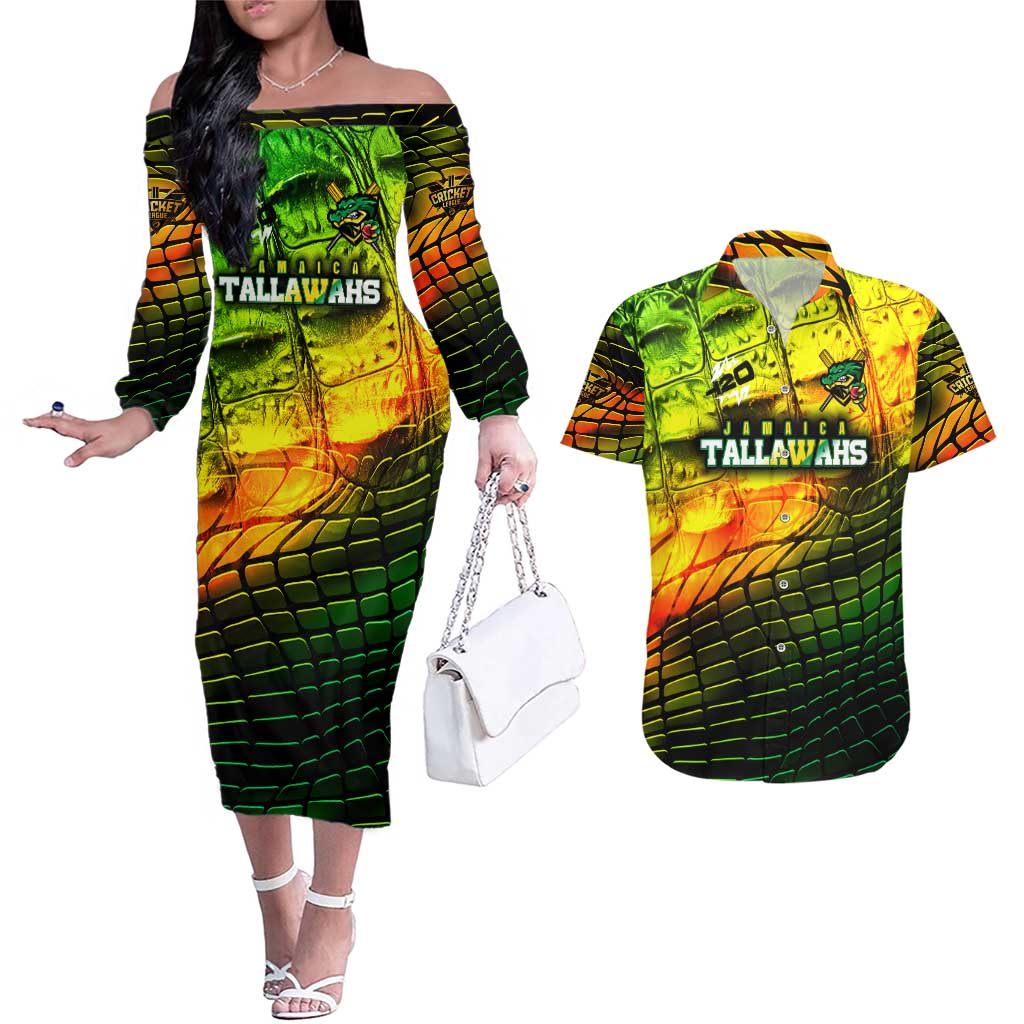 Personalised Jamaica Cricket Tallawahs Couples Matching Off The Shoulder Long Sleeve Dress and Hawaiian Shirt Striking with Reggae Firepower