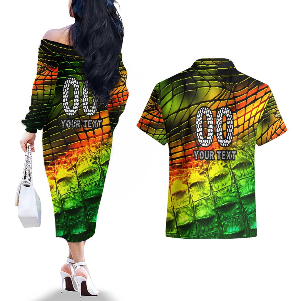Personalised Jamaica Cricket Tallawahs Couples Matching Off The Shoulder Long Sleeve Dress and Hawaiian Shirt Striking with Reggae Firepower
