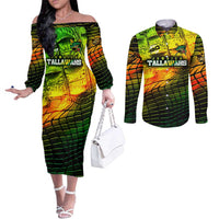 Personalised Jamaica Cricket Tallawahs Couples Matching Off The Shoulder Long Sleeve Dress and Long Sleeve Button Shirt Striking with Reggae Firepower