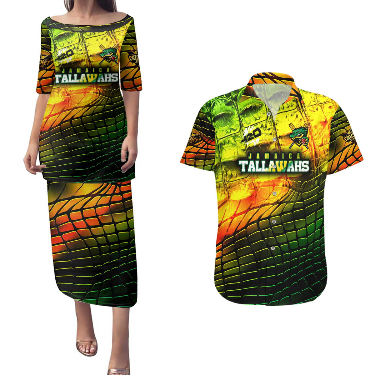 Personalised Jamaica Cricket Tallawahs Couples Matching Puletasi and Hawaiian Shirt Striking with Reggae Firepower