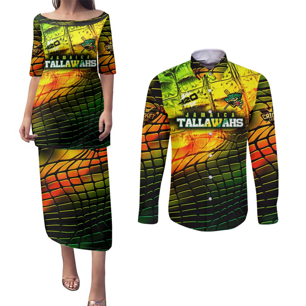 Personalised Jamaica Cricket Tallawahs Couples Matching Puletasi and Long Sleeve Button Shirt Striking with Reggae Firepower
