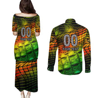 Personalised Jamaica Cricket Tallawahs Couples Matching Puletasi and Long Sleeve Button Shirt Striking with Reggae Firepower