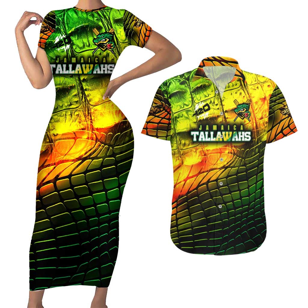Personalised Jamaica Cricket Tallawahs Couples Matching Short Sleeve Bodycon Dress and Hawaiian Shirt Striking with Reggae Firepower