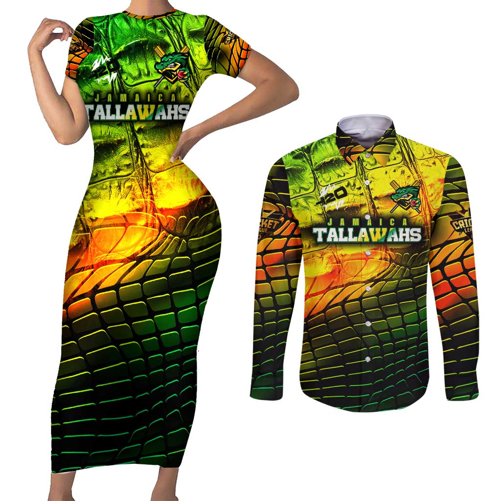 Personalised Jamaica Cricket Tallawahs Couples Matching Short Sleeve Bodycon Dress and Long Sleeve Button Shirt Striking with Reggae Firepower