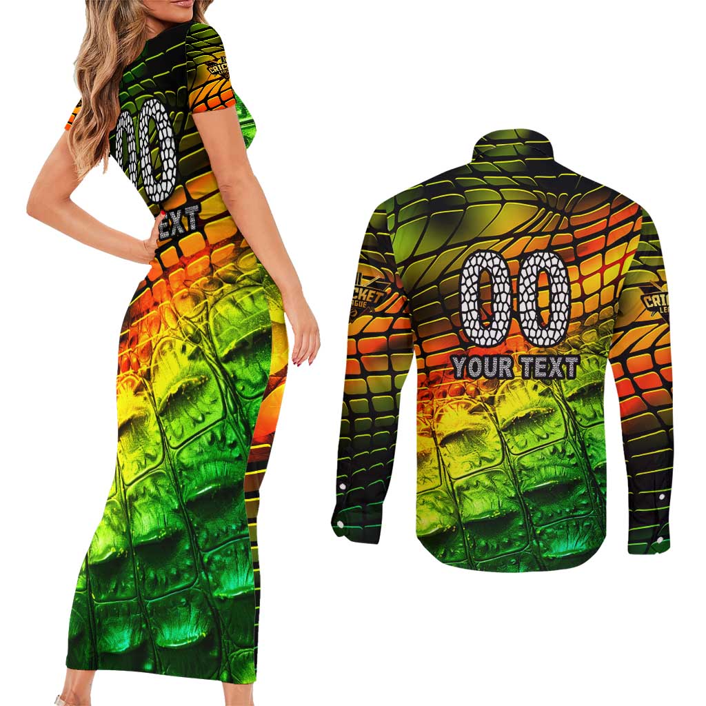 Personalised Jamaica Cricket Tallawahs Couples Matching Short Sleeve Bodycon Dress and Long Sleeve Button Shirt Striking with Reggae Firepower