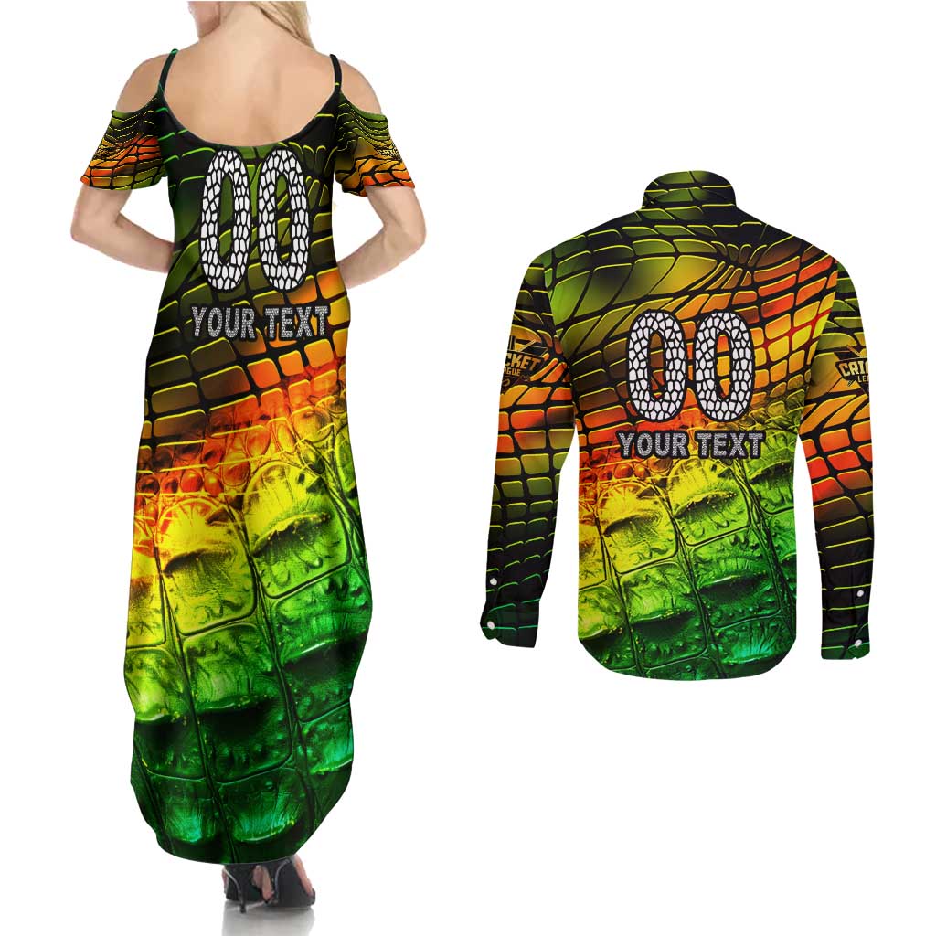 Personalised Jamaica Cricket Tallawahs Couples Matching Summer Maxi Dress and Long Sleeve Button Shirt Striking with Reggae Firepower