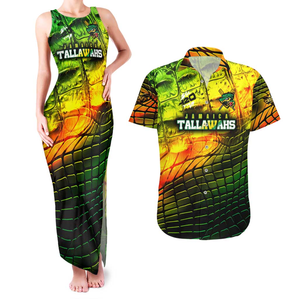 Personalised Jamaica Cricket Tallawahs Couples Matching Tank Maxi Dress and Hawaiian Shirt Striking with Reggae Firepower