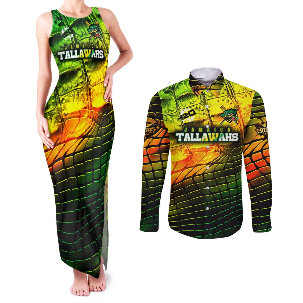 Personalised Jamaica Cricket Tallawahs Couples Matching Tank Maxi Dress and Long Sleeve Button Shirt Striking with Reggae Firepower