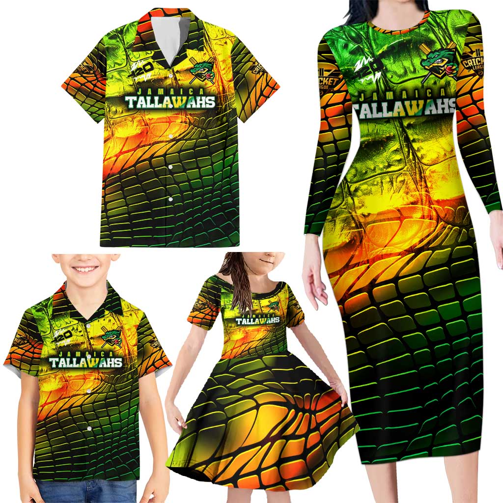 Personalised Jamaica Cricket Tallawahs Family Matching Long Sleeve Bodycon Dress and Hawaiian Shirt Striking with Reggae Firepower