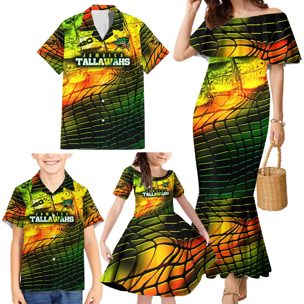 Personalised Jamaica Cricket Tallawahs Family Matching Mermaid Dress and Hawaiian Shirt Striking with Reggae Firepower