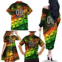 Personalised Jamaica Cricket Tallawahs Family Matching Off The Shoulder Long Sleeve Dress and Hawaiian Shirt Striking with Reggae Firepower