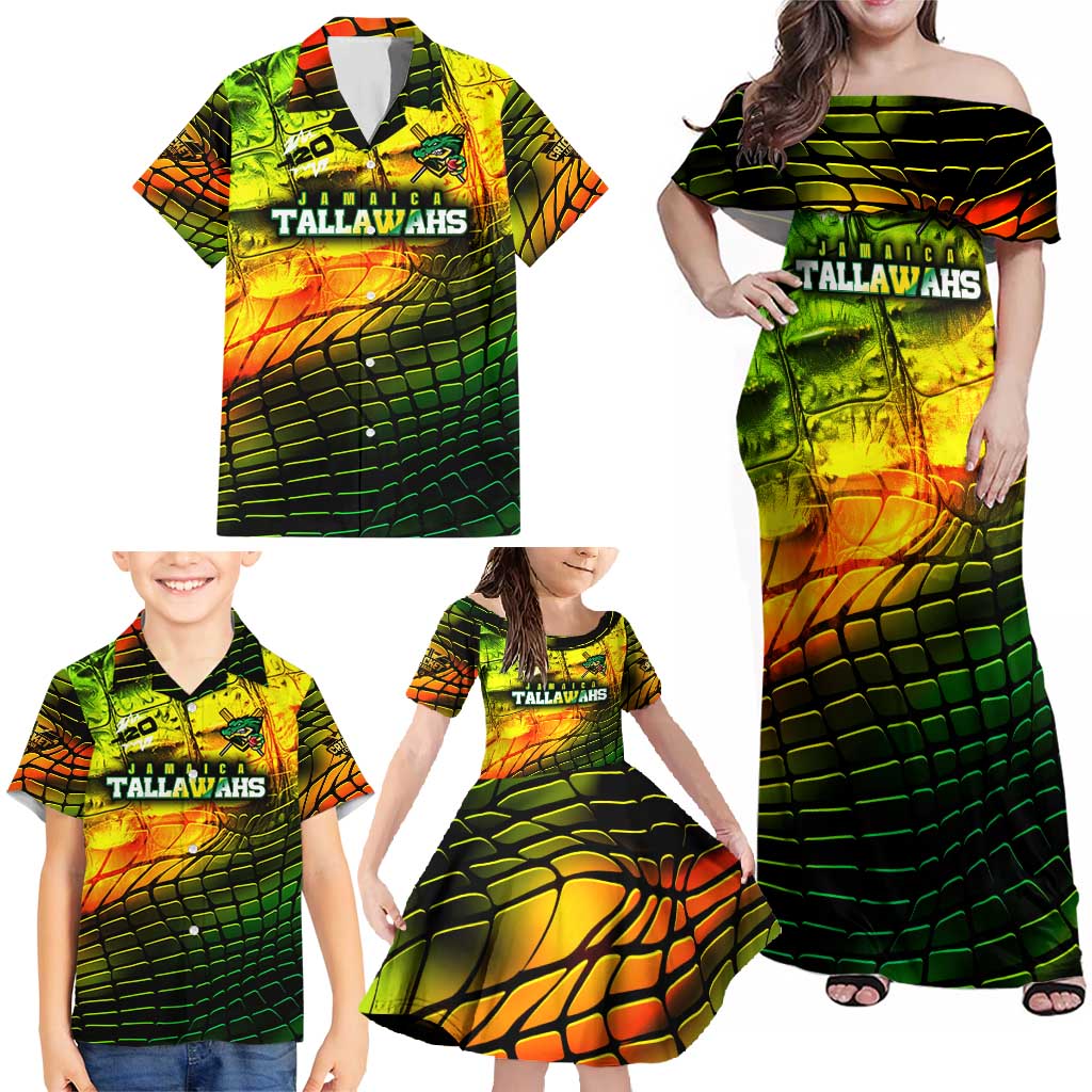 Personalised Jamaica Cricket Tallawahs Family Matching Off Shoulder Maxi Dress and Hawaiian Shirt Striking with Reggae Firepower