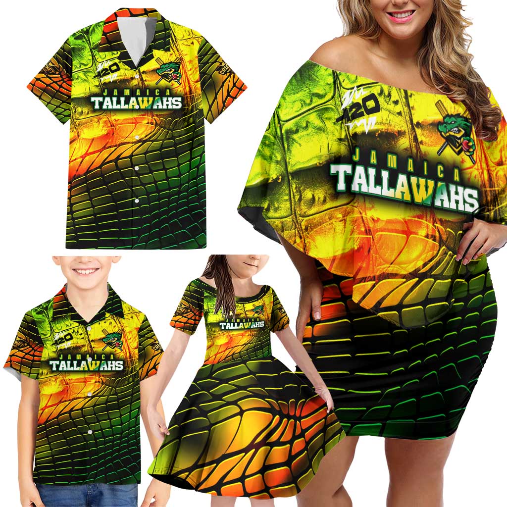 Personalised Jamaica Cricket Tallawahs Family Matching Off Shoulder Short Dress and Hawaiian Shirt Striking with Reggae Firepower