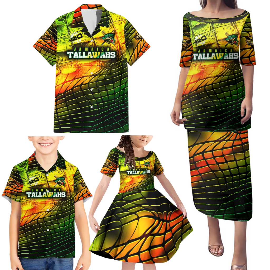 Personalised Jamaica Cricket Tallawahs Family Matching Puletasi and Hawaiian Shirt Striking with Reggae Firepower