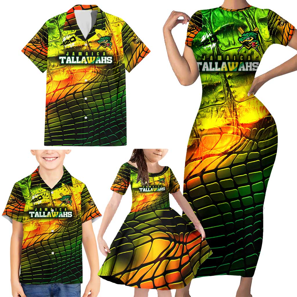 Personalised Jamaica Cricket Tallawahs Family Matching Short Sleeve Bodycon Dress and Hawaiian Shirt Striking with Reggae Firepower