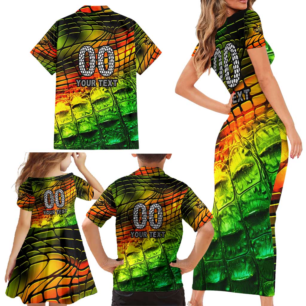 Personalised Jamaica Cricket Tallawahs Family Matching Short Sleeve Bodycon Dress and Hawaiian Shirt Striking with Reggae Firepower