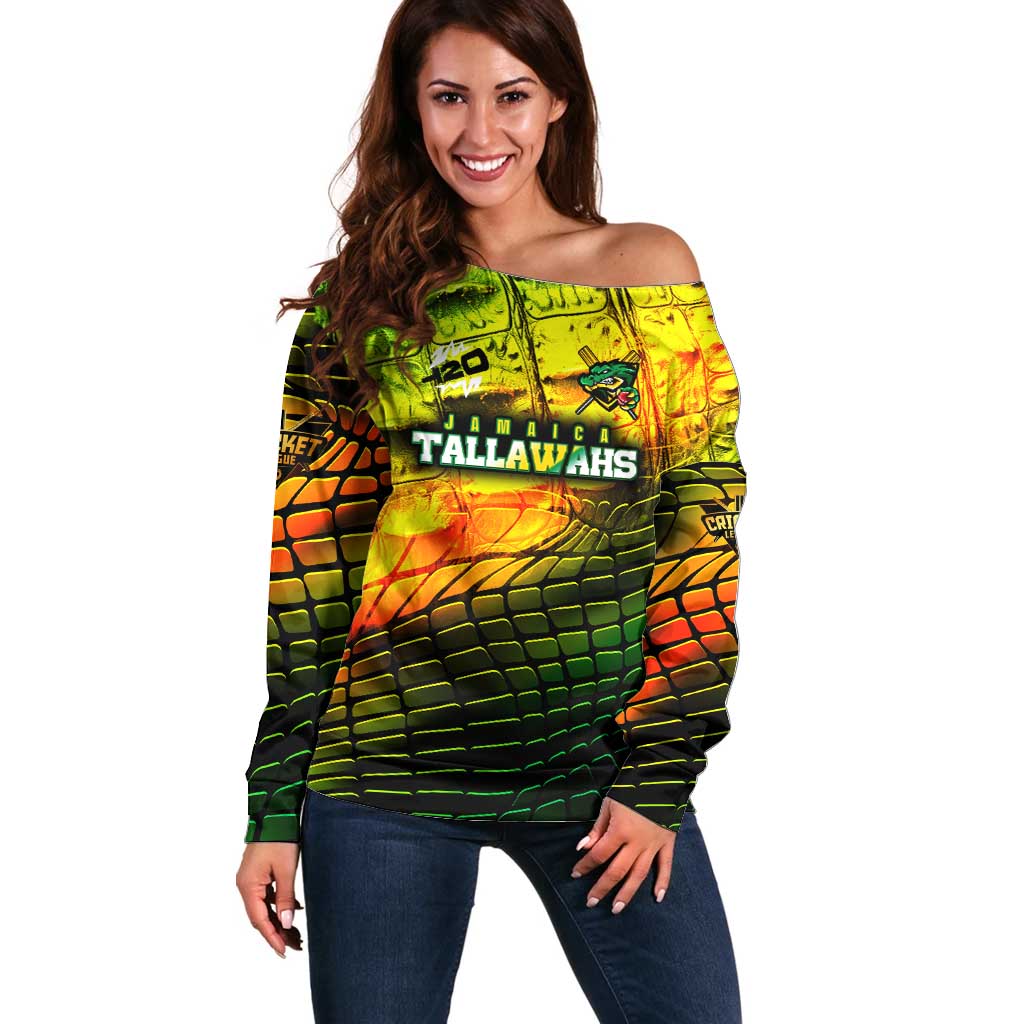 Personalised Jamaica Cricket Tallawahs Off Shoulder Sweater Striking with Reggae Firepower