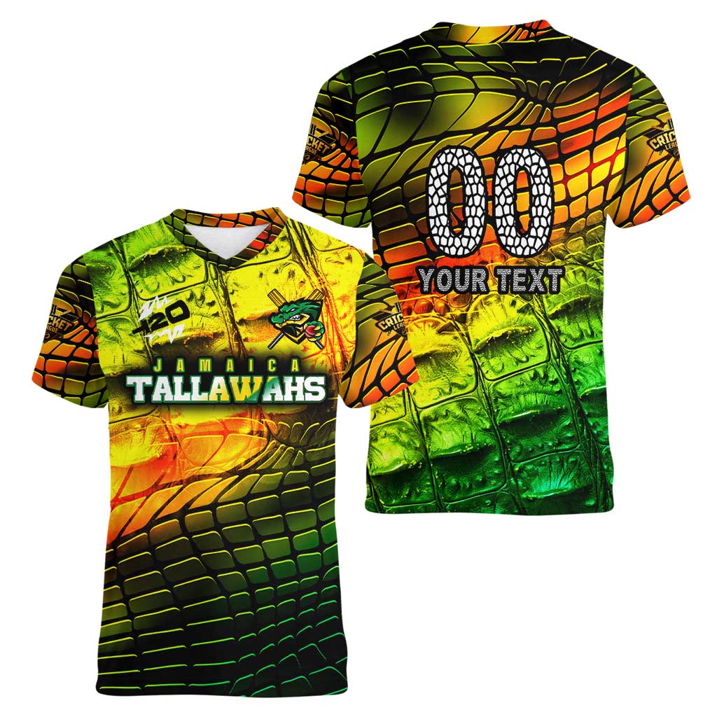 Personalised Jamaica Cricket Tallawahs Women V-Neck T-Shirt Striking with Reggae Firepower