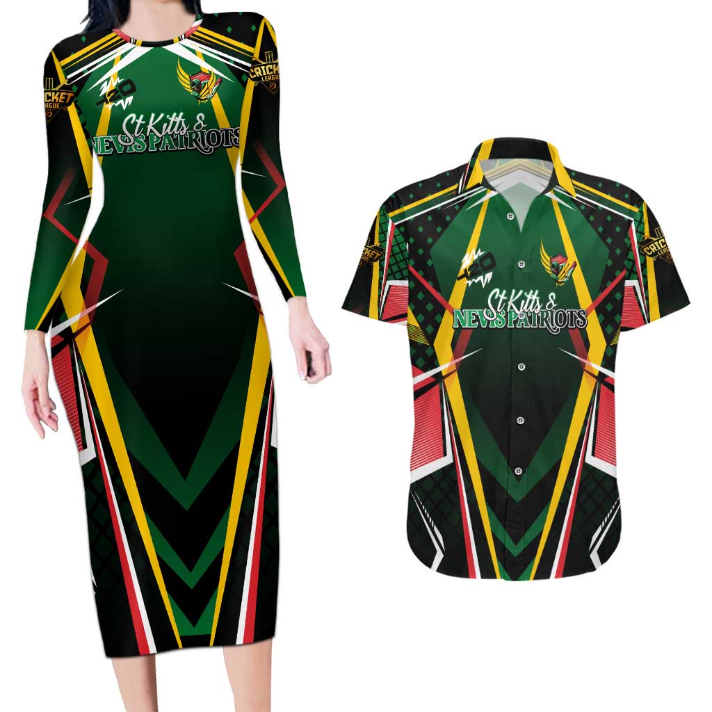 Personalised St Kitts and Nevis Cricket Patriots Couples Matching Long Sleeve Bodycon Dress and Hawaiian Shirt Rising with Caribbean Battlefield