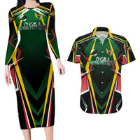 Personalised St Kitts and Nevis Cricket Patriots Couples Matching Long Sleeve Bodycon Dress and Hawaiian Shirt Rising with Caribbean Battlefield