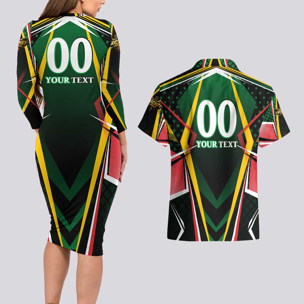 Personalised St Kitts and Nevis Cricket Patriots Couples Matching Long Sleeve Bodycon Dress and Hawaiian Shirt Rising with Caribbean Battlefield