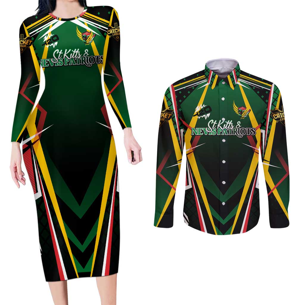 Personalised St Kitts and Nevis Cricket Patriots Couples Matching Long Sleeve Bodycon Dress and Long Sleeve Button Shirt Rising with Caribbean Battlefield