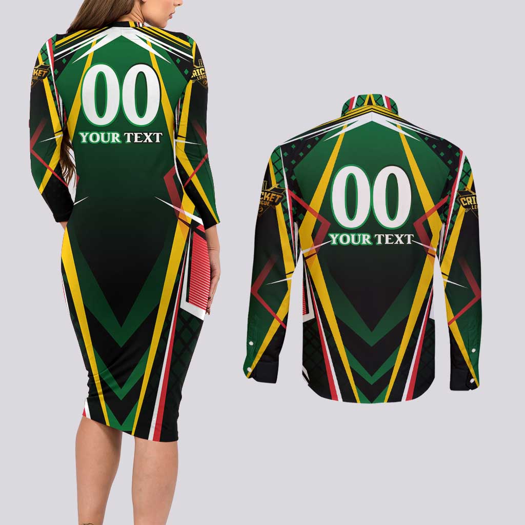 Personalised St Kitts and Nevis Cricket Patriots Couples Matching Long Sleeve Bodycon Dress and Long Sleeve Button Shirt Rising with Caribbean Battlefield