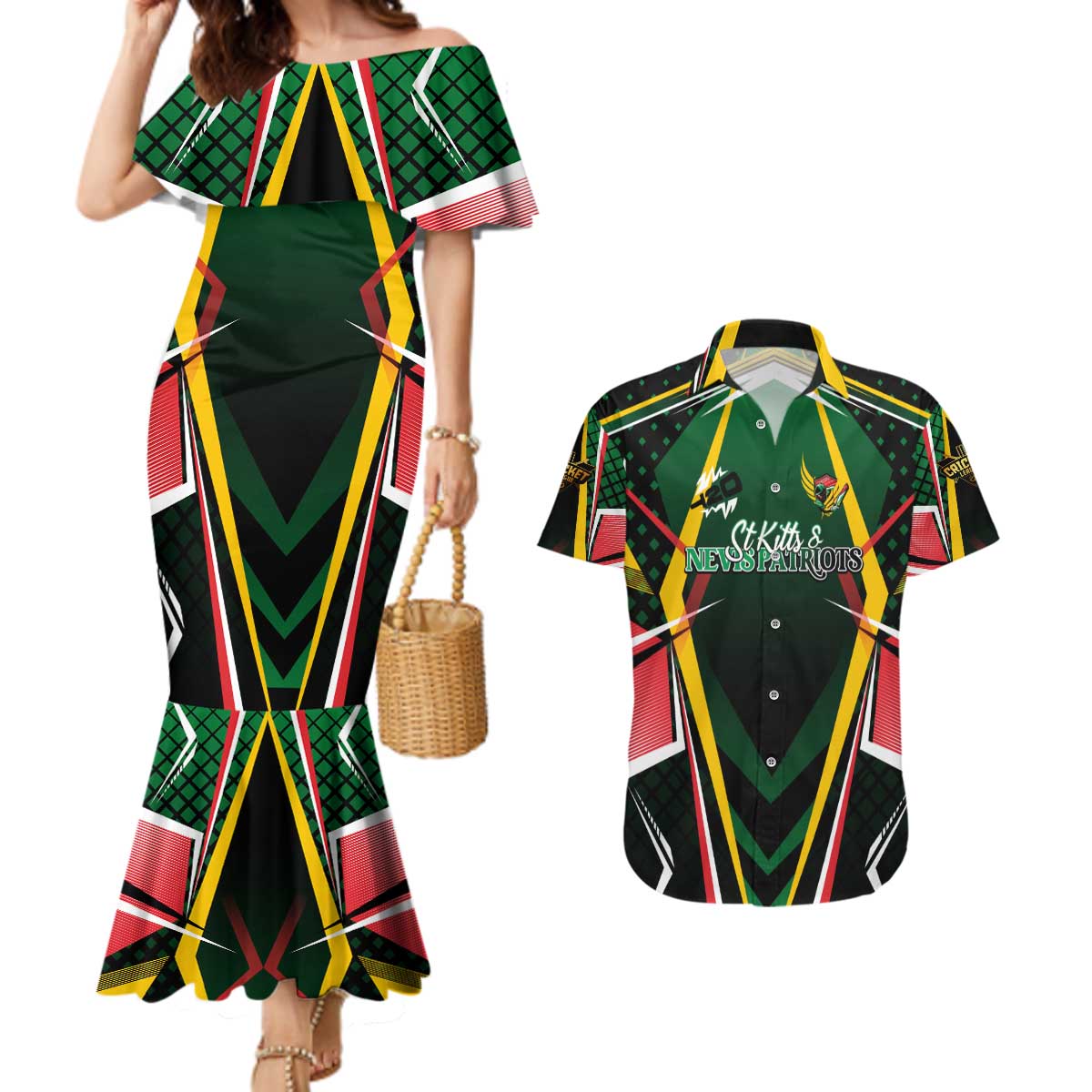 Personalised St Kitts and Nevis Cricket Patriots Couples Matching Mermaid Dress and Hawaiian Shirt Rising with Caribbean Battlefield
