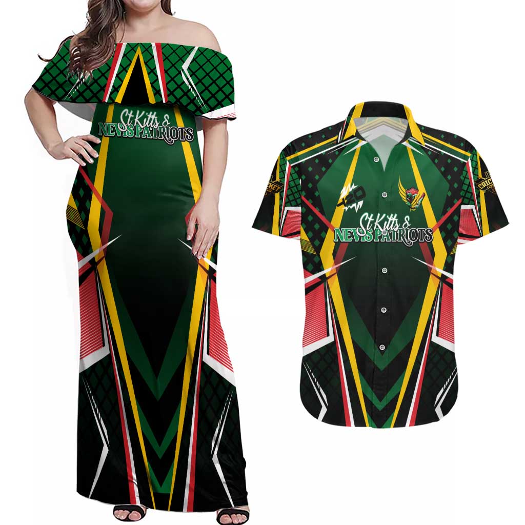 Personalised St Kitts and Nevis Cricket Patriots Couples Matching Off Shoulder Maxi Dress and Hawaiian Shirt Rising with Caribbean Battlefield