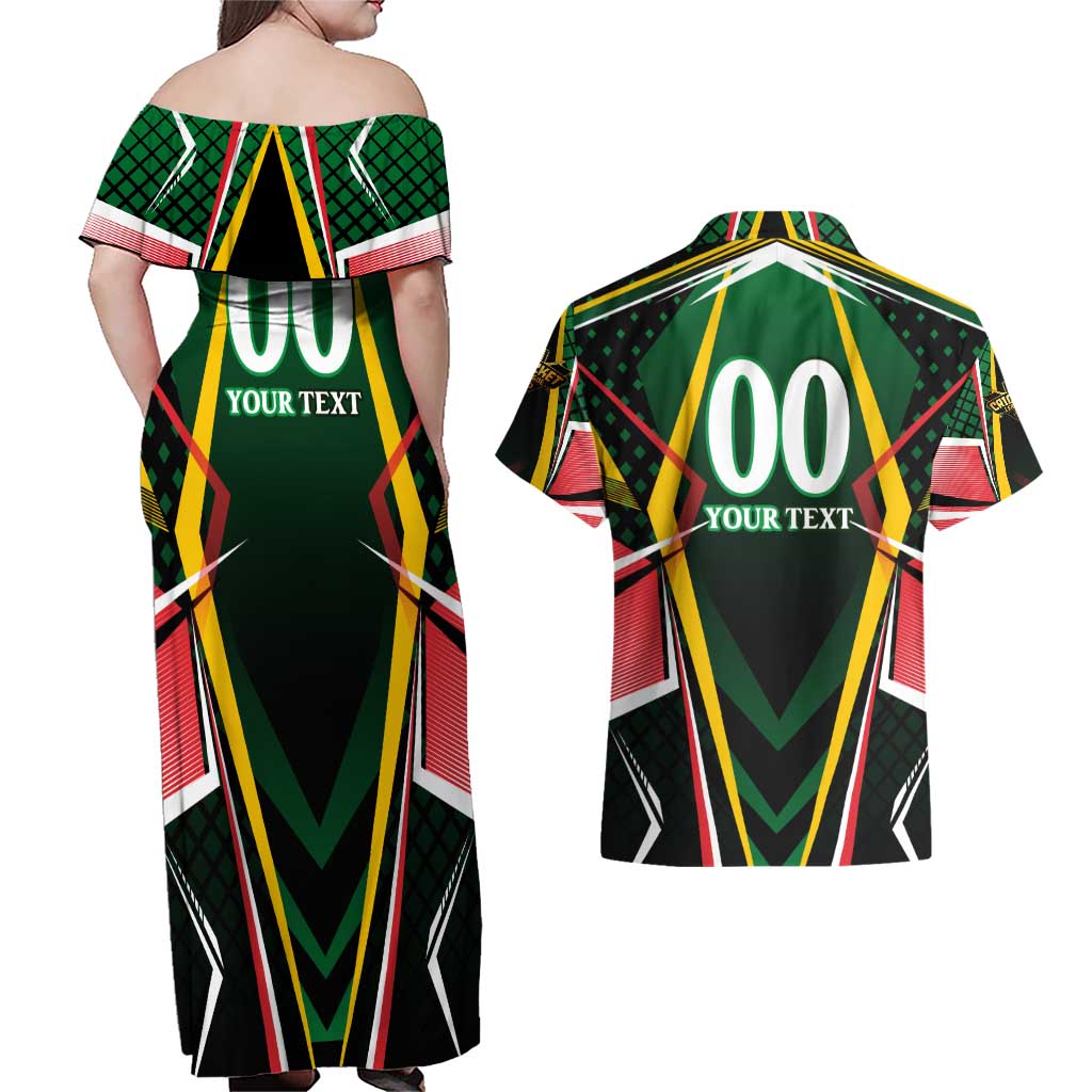Personalised St Kitts and Nevis Cricket Patriots Couples Matching Off Shoulder Maxi Dress and Hawaiian Shirt Rising with Caribbean Battlefield