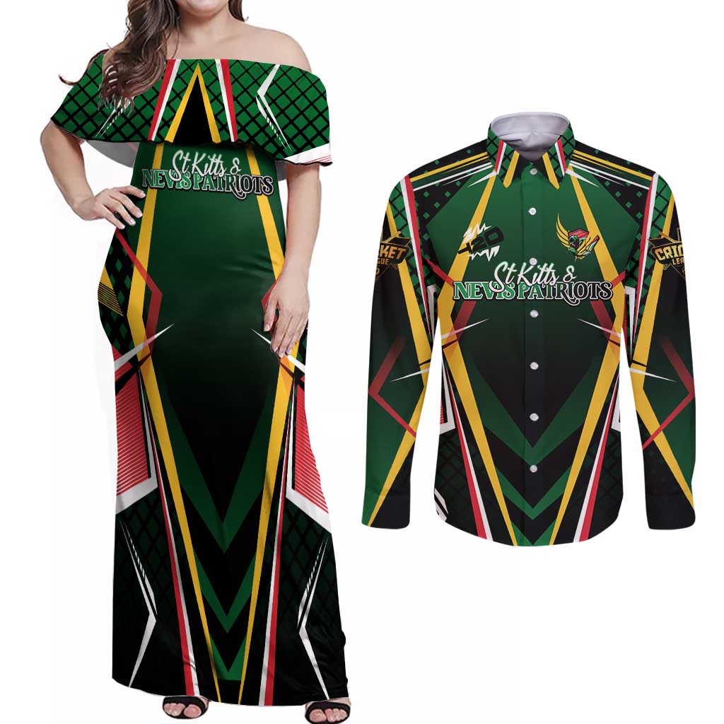 Personalised St Kitts and Nevis Cricket Patriots Couples Matching Off Shoulder Maxi Dress and Long Sleeve Button Shirt Rising with Caribbean Battlefield