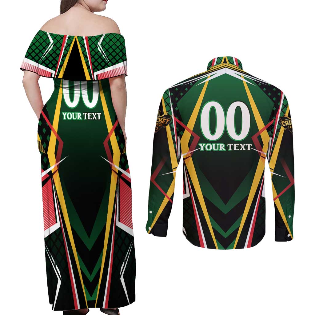 Personalised St Kitts and Nevis Cricket Patriots Couples Matching Off Shoulder Maxi Dress and Long Sleeve Button Shirt Rising with Caribbean Battlefield