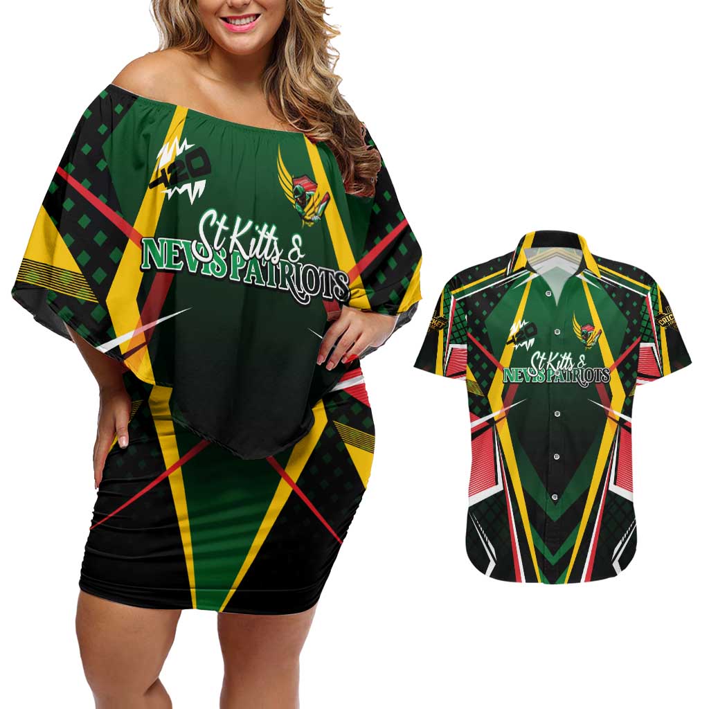 Personalised St Kitts and Nevis Cricket Patriots Couples Matching Off Shoulder Short Dress and Hawaiian Shirt Rising with Caribbean Battlefield