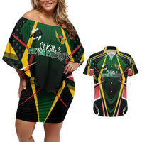 Personalised St Kitts and Nevis Cricket Patriots Couples Matching Off Shoulder Short Dress and Hawaiian Shirt Rising with Caribbean Battlefield