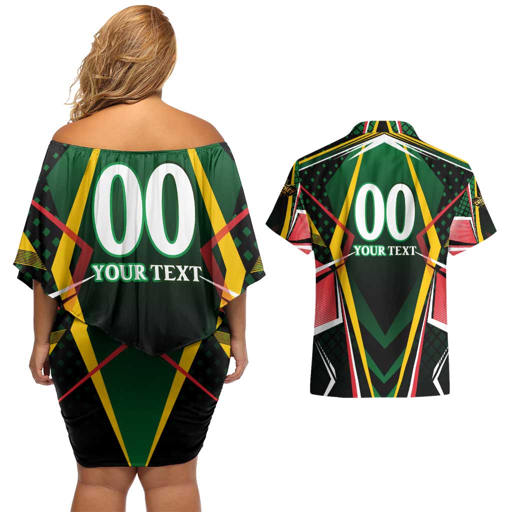 Personalised St Kitts and Nevis Cricket Patriots Couples Matching Off Shoulder Short Dress and Hawaiian Shirt Rising with Caribbean Battlefield