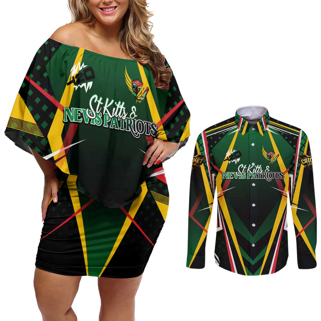Personalised St Kitts and Nevis Cricket Patriots Couples Matching Off Shoulder Short Dress and Long Sleeve Button Shirt Rising with Caribbean Battlefield