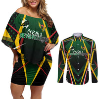 Personalised St Kitts and Nevis Cricket Patriots Couples Matching Off Shoulder Short Dress and Long Sleeve Button Shirt Rising with Caribbean Battlefield