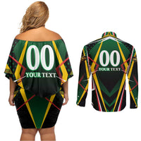 Personalised St Kitts and Nevis Cricket Patriots Couples Matching Off Shoulder Short Dress and Long Sleeve Button Shirt Rising with Caribbean Battlefield