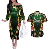 Personalised St Kitts and Nevis Cricket Patriots Couples Matching Off The Shoulder Long Sleeve Dress and Hawaiian Shirt Rising with Caribbean Battlefield