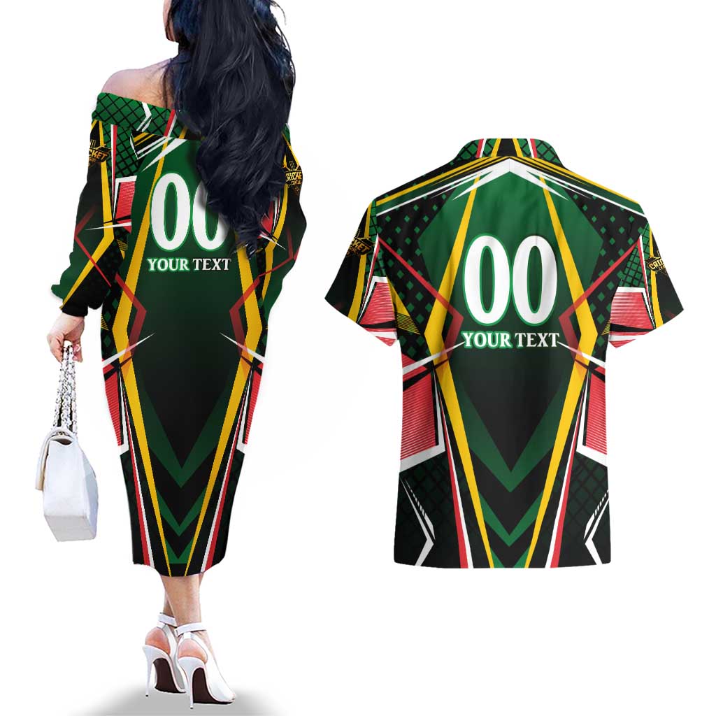 Personalised St Kitts and Nevis Cricket Patriots Couples Matching Off The Shoulder Long Sleeve Dress and Hawaiian Shirt Rising with Caribbean Battlefield
