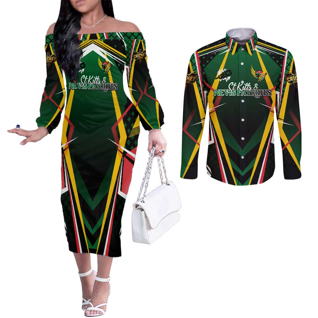 Personalised St Kitts and Nevis Cricket Patriots Couples Matching Off The Shoulder Long Sleeve Dress and Long Sleeve Button Shirt Rising with Caribbean Battlefield