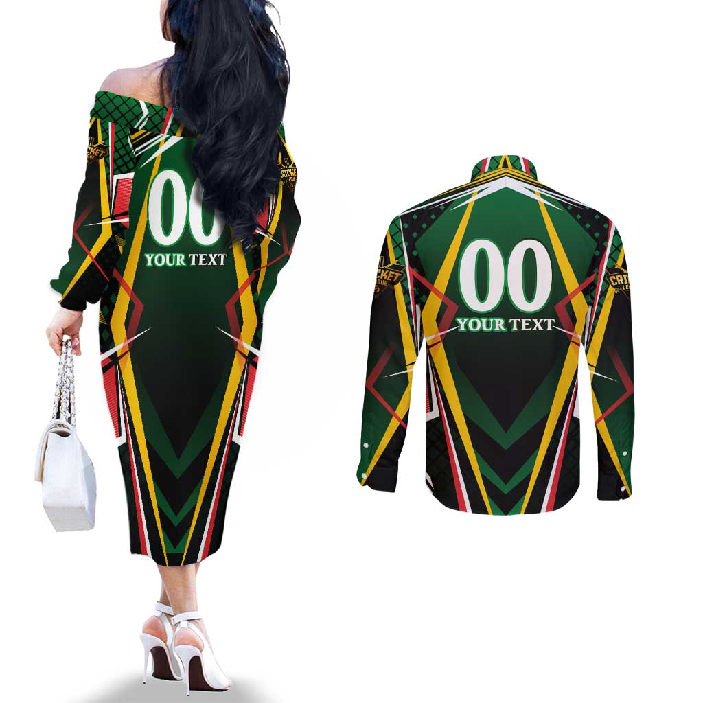 Personalised St Kitts and Nevis Cricket Patriots Couples Matching Off The Shoulder Long Sleeve Dress and Long Sleeve Button Shirt Rising with Caribbean Battlefield