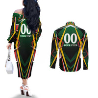 Personalised St Kitts and Nevis Cricket Patriots Couples Matching Off The Shoulder Long Sleeve Dress and Long Sleeve Button Shirt Rising with Caribbean Battlefield