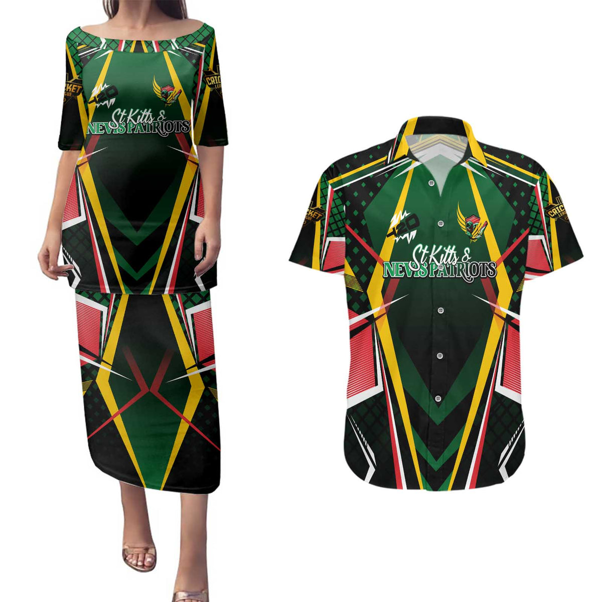 Personalised St Kitts and Nevis Cricket Patriots Couples Matching Puletasi and Hawaiian Shirt Rising with Caribbean Battlefield