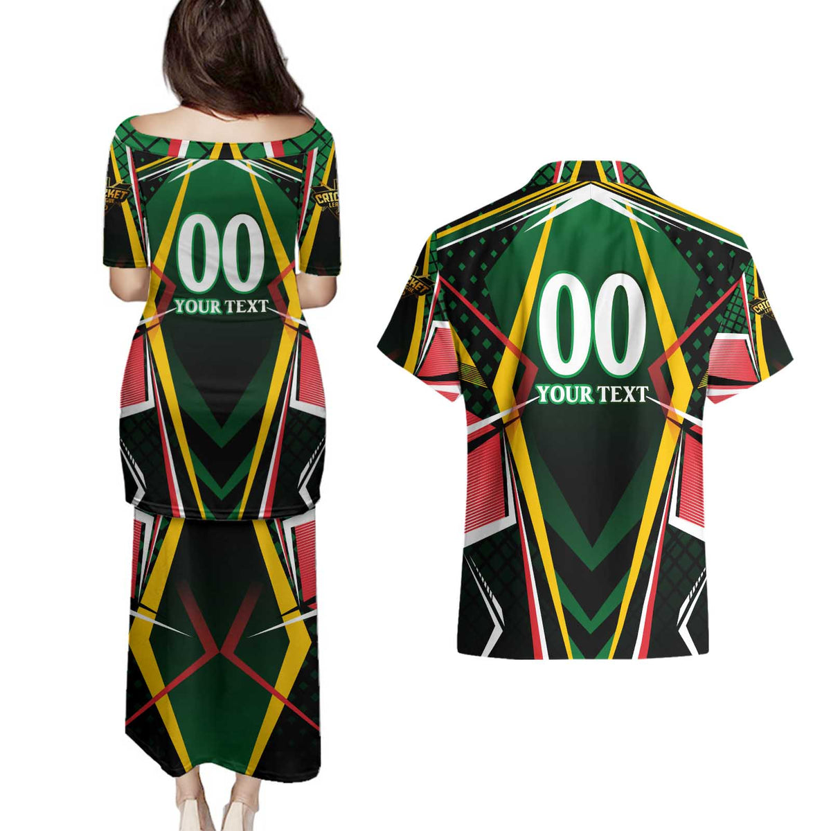 Personalised St Kitts and Nevis Cricket Patriots Couples Matching Puletasi and Hawaiian Shirt Rising with Caribbean Battlefield