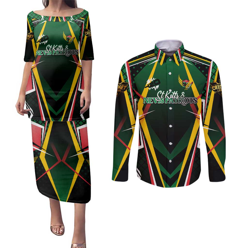 Personalised St Kitts and Nevis Cricket Patriots Couples Matching Puletasi and Long Sleeve Button Shirt Rising with Caribbean Battlefield